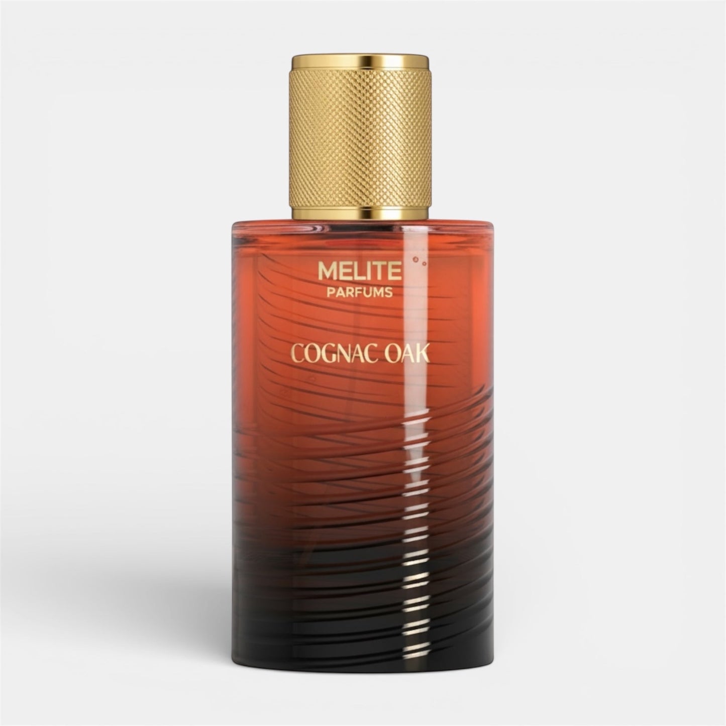 Melite Parfums Cognac Oak unisex extrait de parfum in a gradient amber glass bottle with a gold textured cap.
