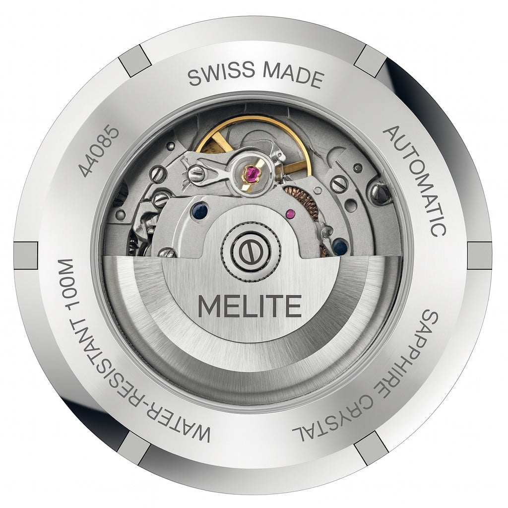 MELITE PARFUMSH Melite Money Talks Automatic watch case back showing Swiss Made automatic movement, water resistance 100M, and sapphire crystal.