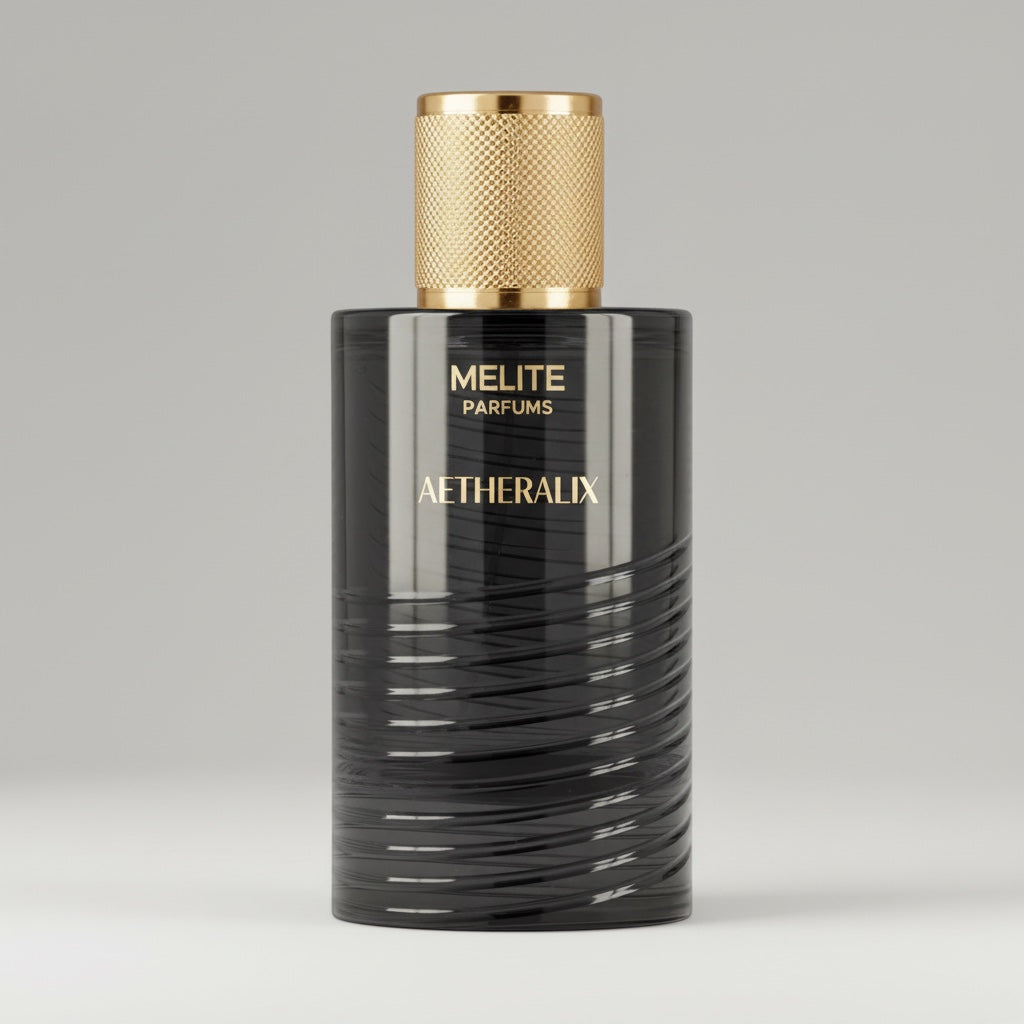 Melite Parfums Aetheralix 55ml Eau de Parfum in a black glass bottle with gold textured cap and gold lettering.