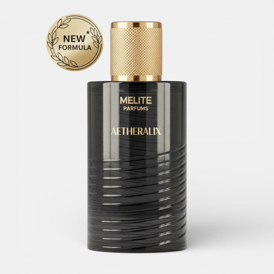 Melite Parfums Aetheralix 55ml Eau de Parfum in a black fluted bottle with a gold textured cap. New formula badge.