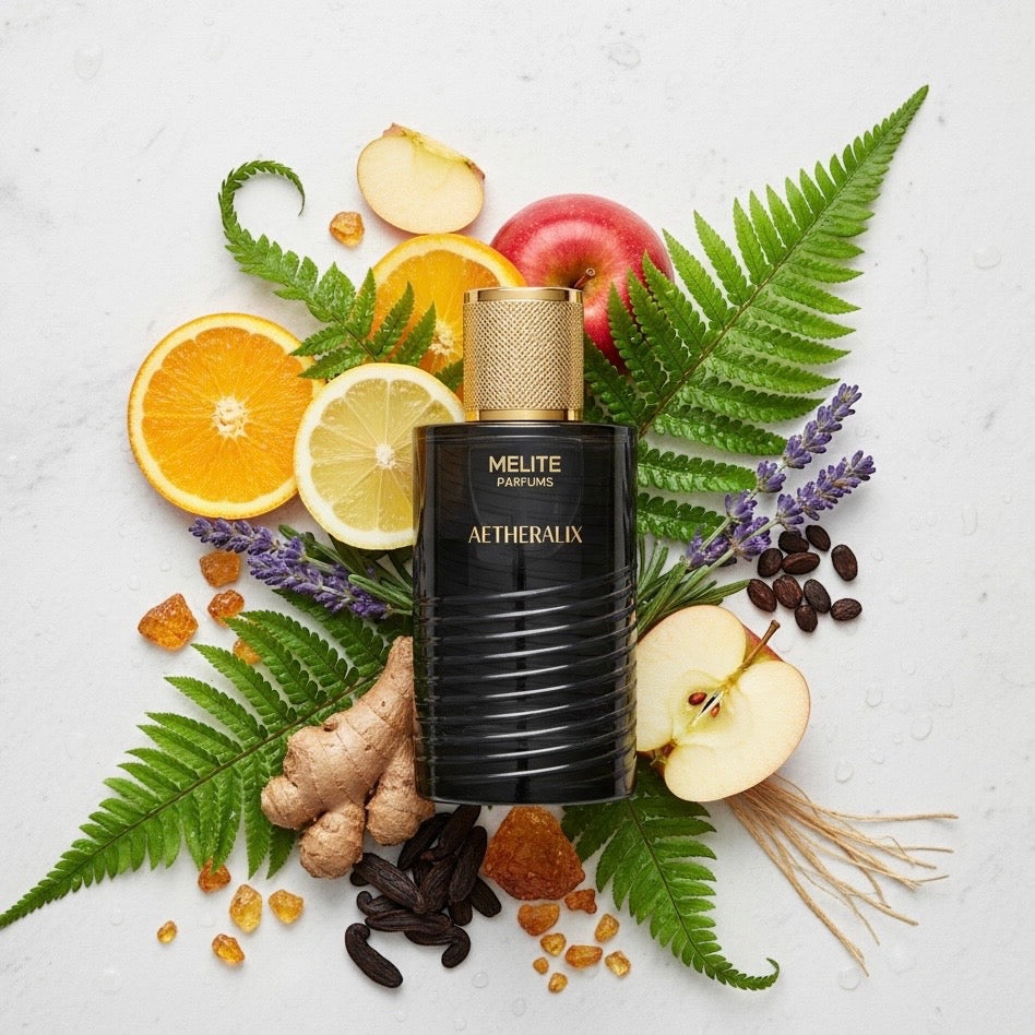 Melite Parfums Aetheralix 55ml Eau de Parfum bottle surrounded by fresh ingredients: apple, orange, lemon, ginger, lavender, and tonka beans.