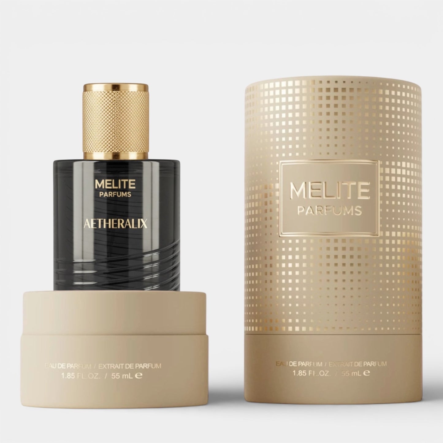 Melite Parfums Aetheralix Eau de Parfum 55ml bottle with gold cap and textured gold cylindrical box.