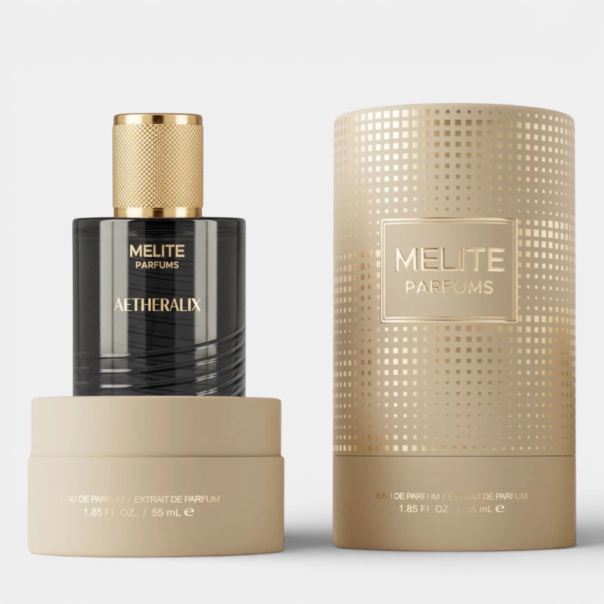 Melite Parfums Aetheralix Eau de Parfum 55ml bottle with gold cap and textured gold cylindrical box.