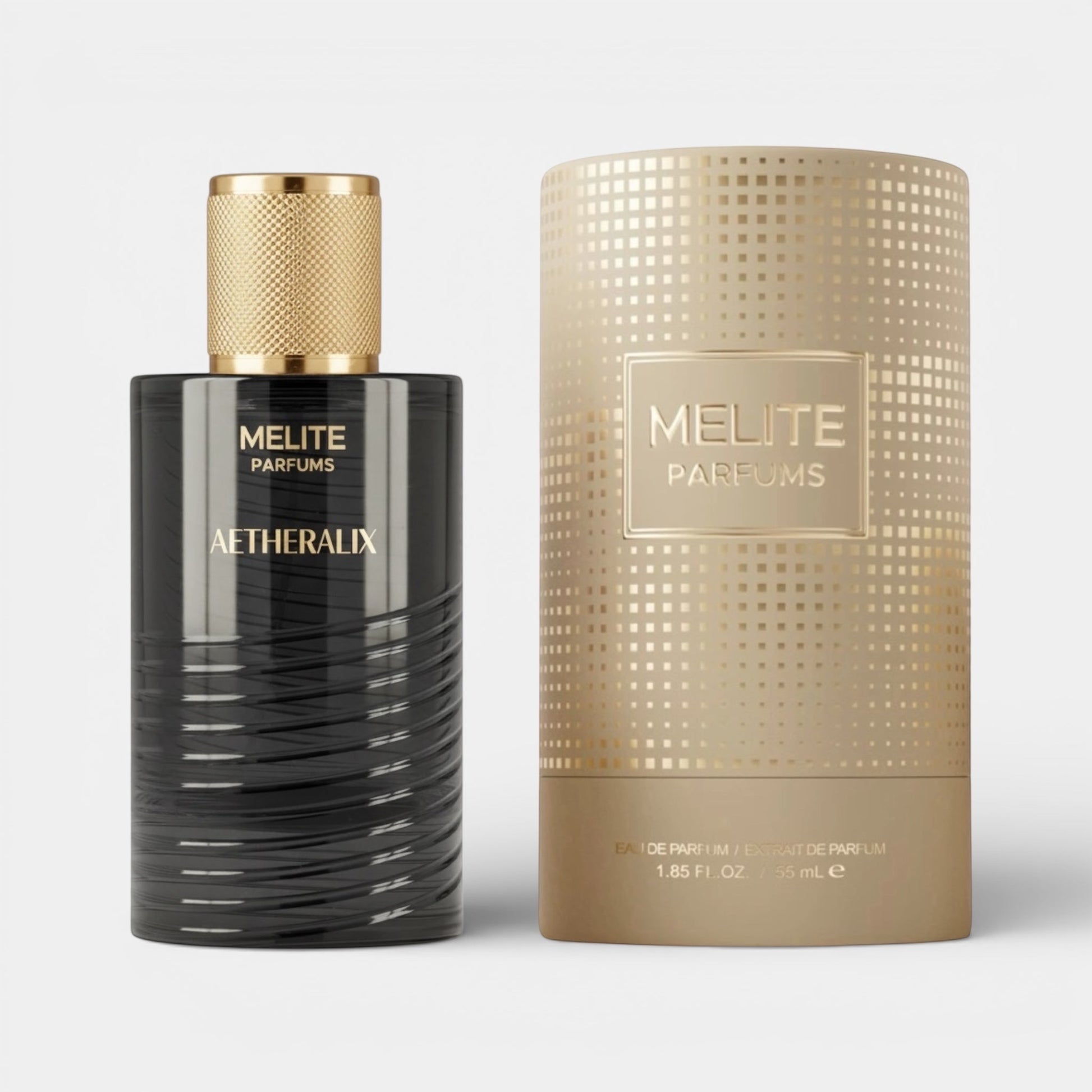 Melite Parfums Aetheralix Eau de Parfum 55ml, black ribbed bottle with gold cap and matching gold patterned cylindrical box.