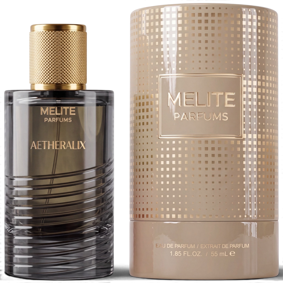 MELITE PARFUMS Aetheralix 55ml eau de parfum bottle with gold cap next to its matching beige patterned cylindrical box