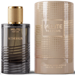 MELITE PARFUMS Aetheralix 55ml eau de parfum bottle with gold cap next to its matching beige patterned cylindrical box