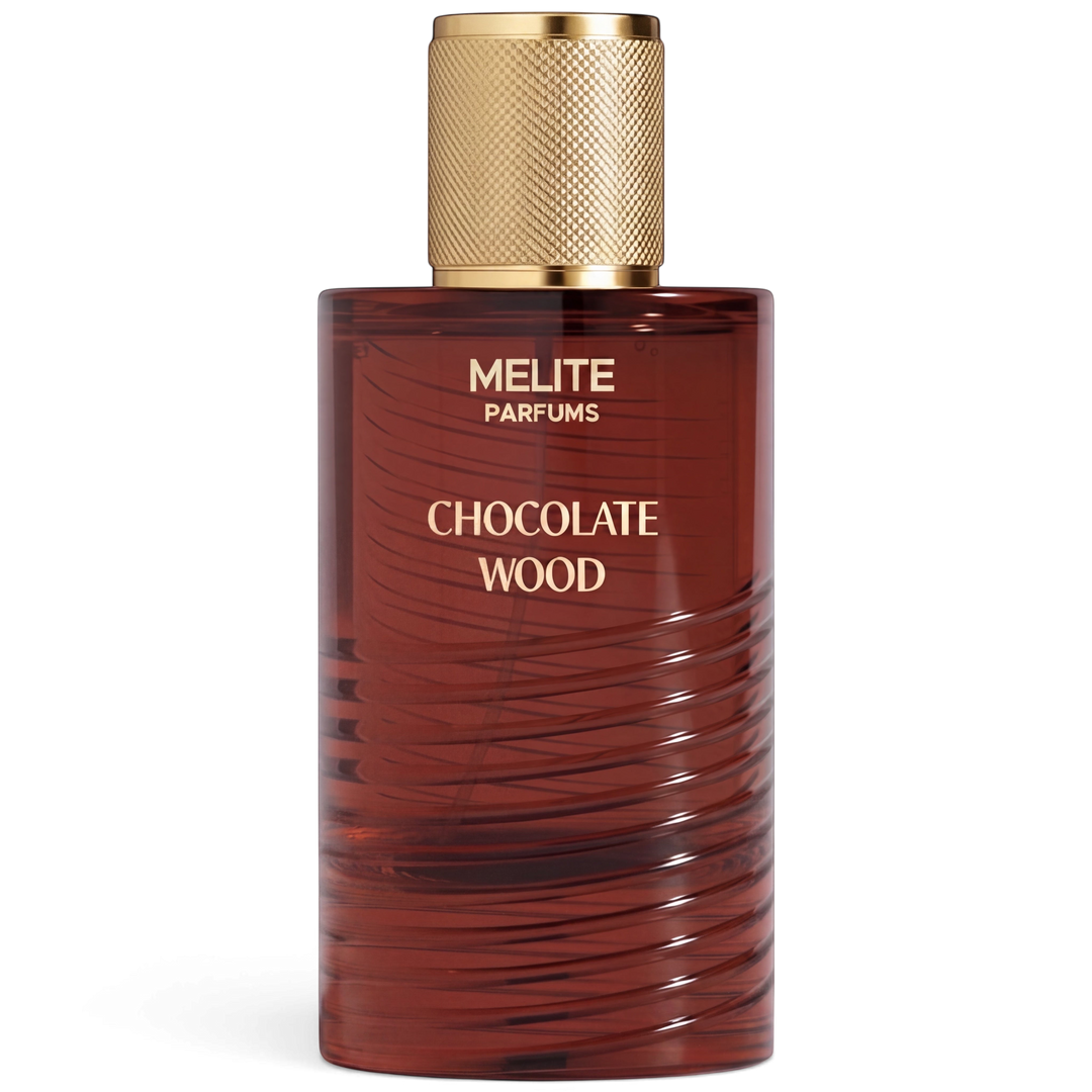 MELITE PARFUMS Chocolate Wood unisex eau de parfum in a cylindrical brown glass bottle with a textured gold cap.