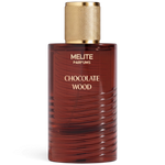 MELITE PARFUMS Chocolate Wood unisex eau de parfum in a cylindrical brown glass bottle with a textured gold cap.