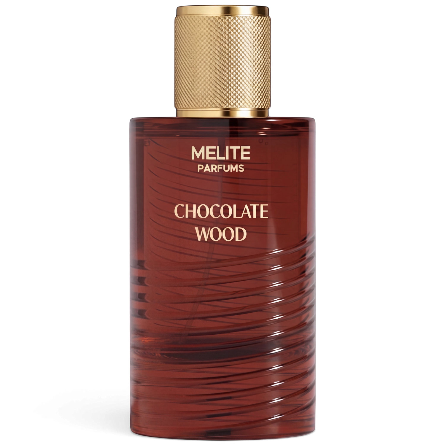 MELITE PARFUMS Chocolate Wood unisex eau de parfum in a cylindrical brown glass bottle with a textured gold cap.