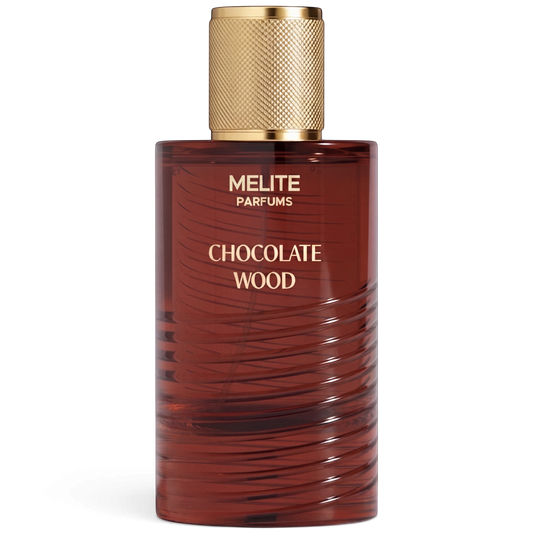 MELITE PARFUMS Chocolate Wood unisex eau de parfum in a cylindrical brown glass bottle with a textured gold cap.