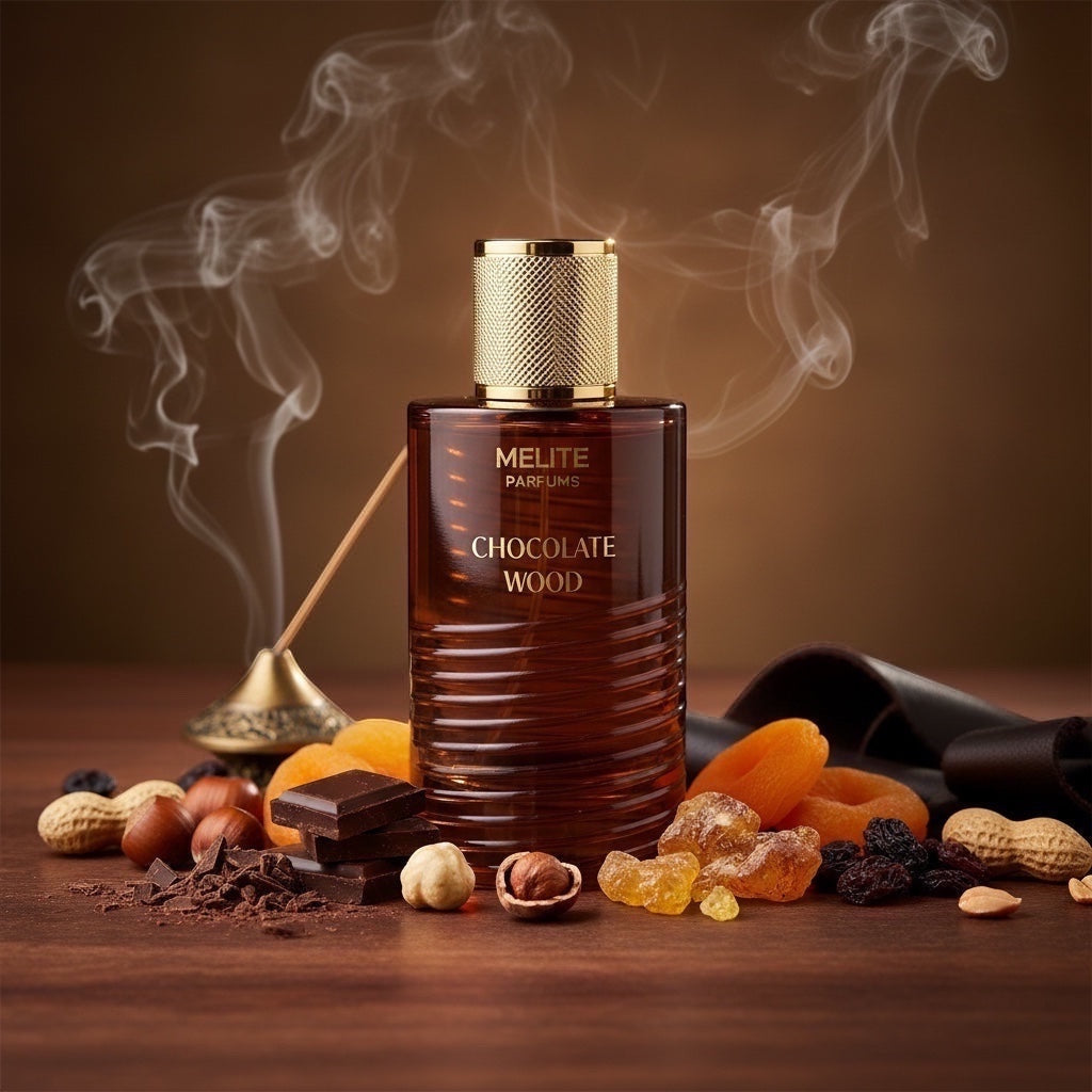 MELITE PARFUMS Chocolate Wood unisex perfume bottle surrounded by chocolate, hazelnuts, dried fruits, and incense.