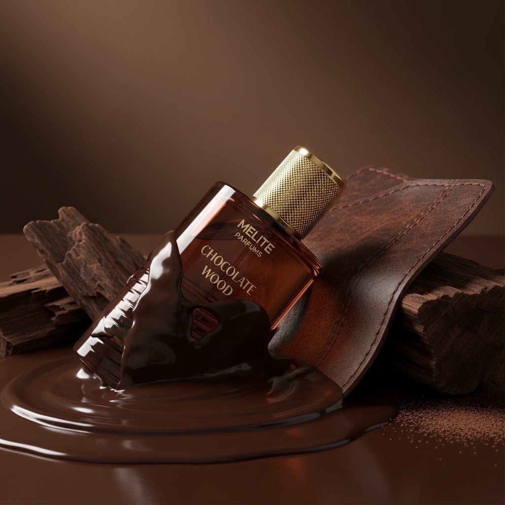 MELITE PARFUMS Chocolate Wood unisex perfume bottle with gold cap, surrounded by melted chocolate and dark wood.