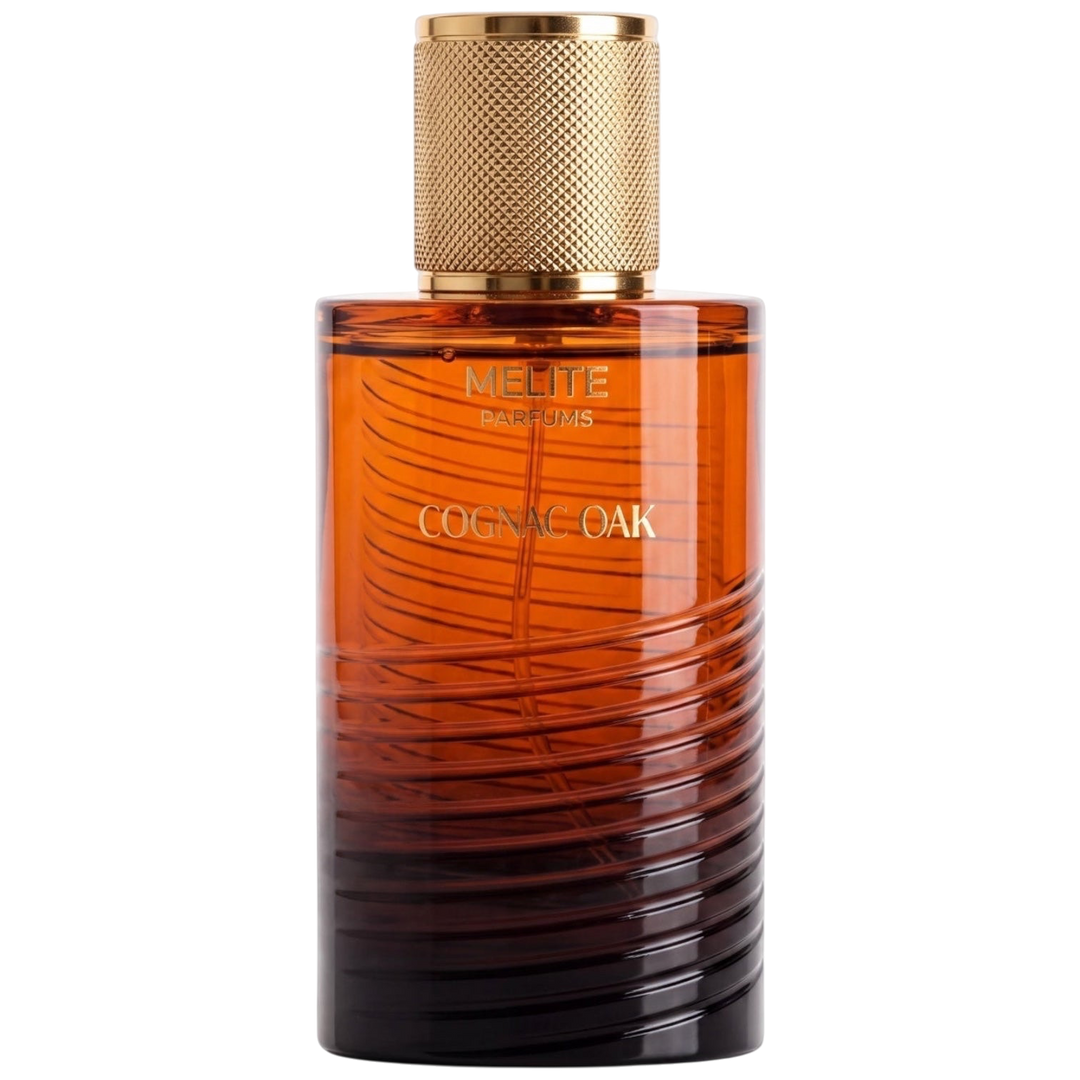 MELITE PARFUMS Cognac Oak unisex extrait de parfum in a sleek amber glass bottle with a textured gold cap.