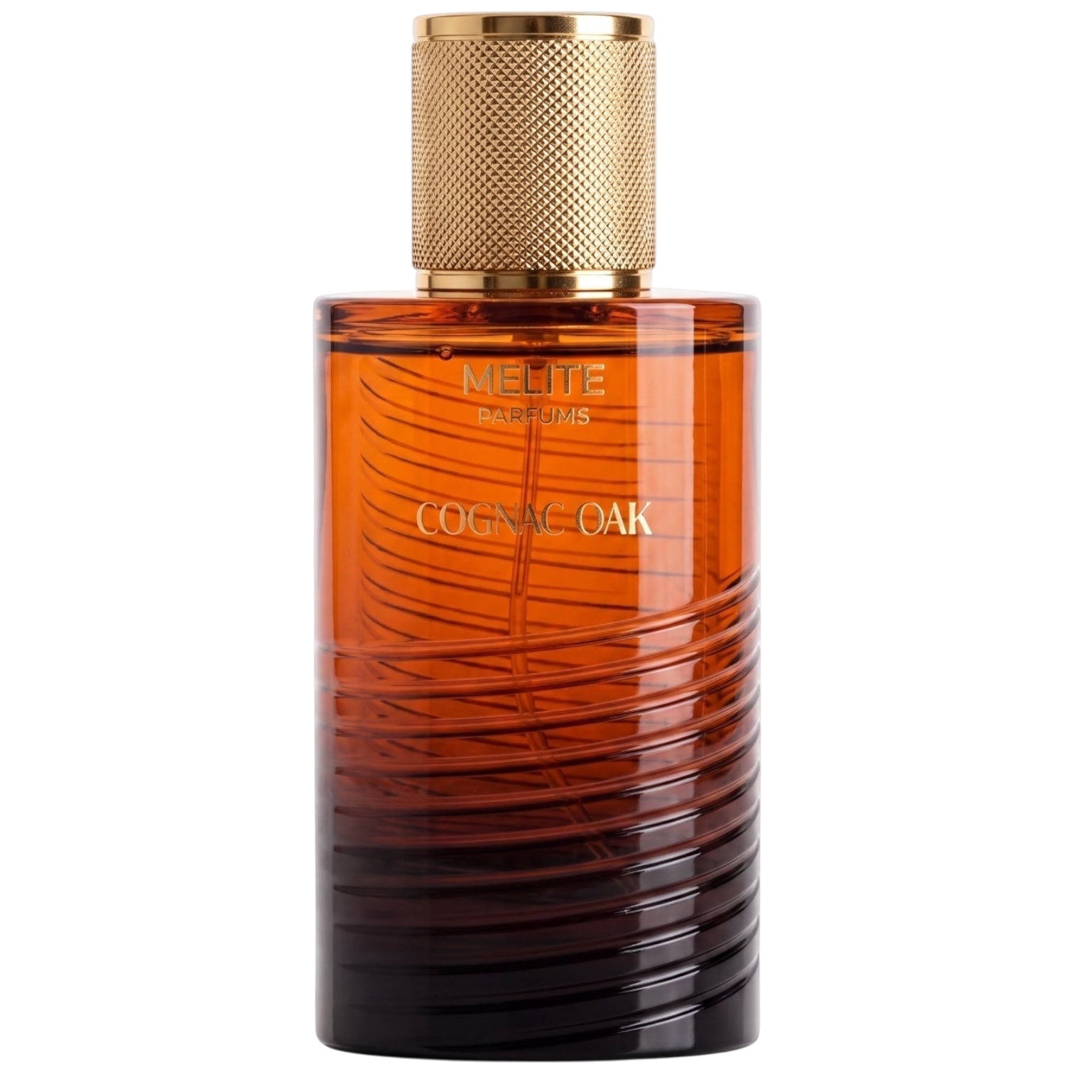 MELITE PARFUMS Cognac Oak unisex extrait de parfum in a sleek amber glass bottle with a textured gold cap.