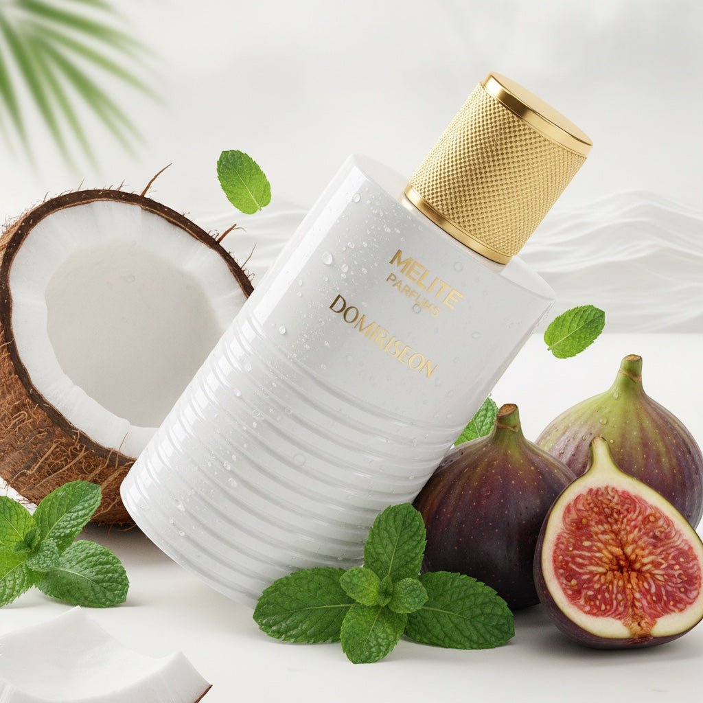 Melite Parfums Domiriseon 55ml men's EDP with coconut, fig, mint, and sandalwood notes.