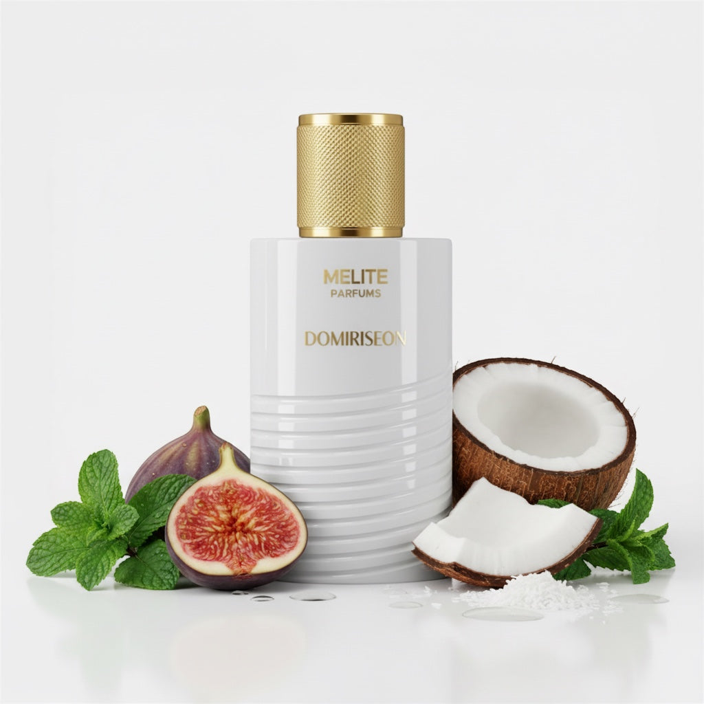 Melite Parfums Domiriseon 55ml men's EDP with notes of mint, fig, coconut, sandalwood, tonka bean, and musk.