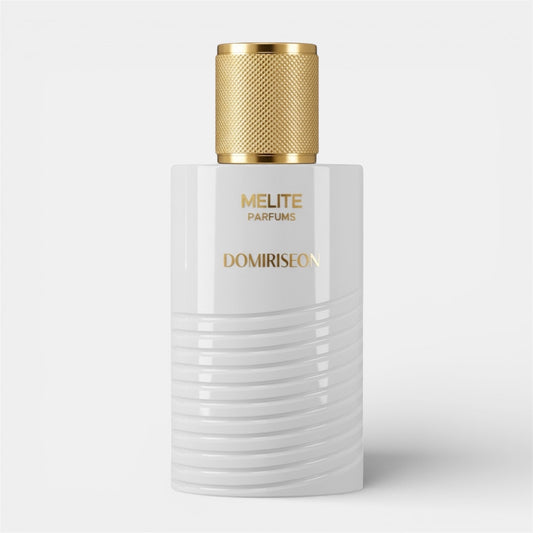 Melite Parfums Domiriseon men's 55ml EDP with fresh mint, fig, and sandalwood notes. White bottle with gold cap.