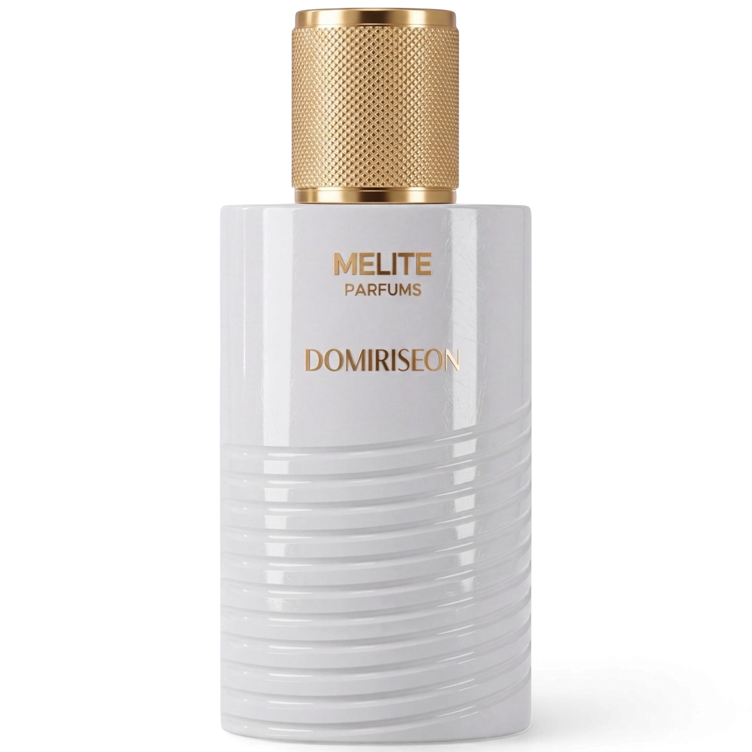 MELITE PARFUMS Domiriseon 55ml men's eau de parfum in a white ribbed bottle with a textured gold cap.