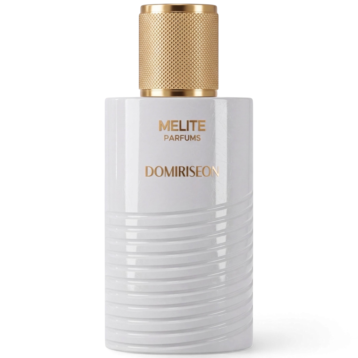 MELITE PARFUMS Domiriseon 55ml men's eau de parfum in a white ribbed bottle with a textured gold cap.