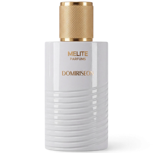 MELITE PARFUMS Domiriseon 55ml men's eau de parfum in a white ribbed bottle with a textured gold cap.
