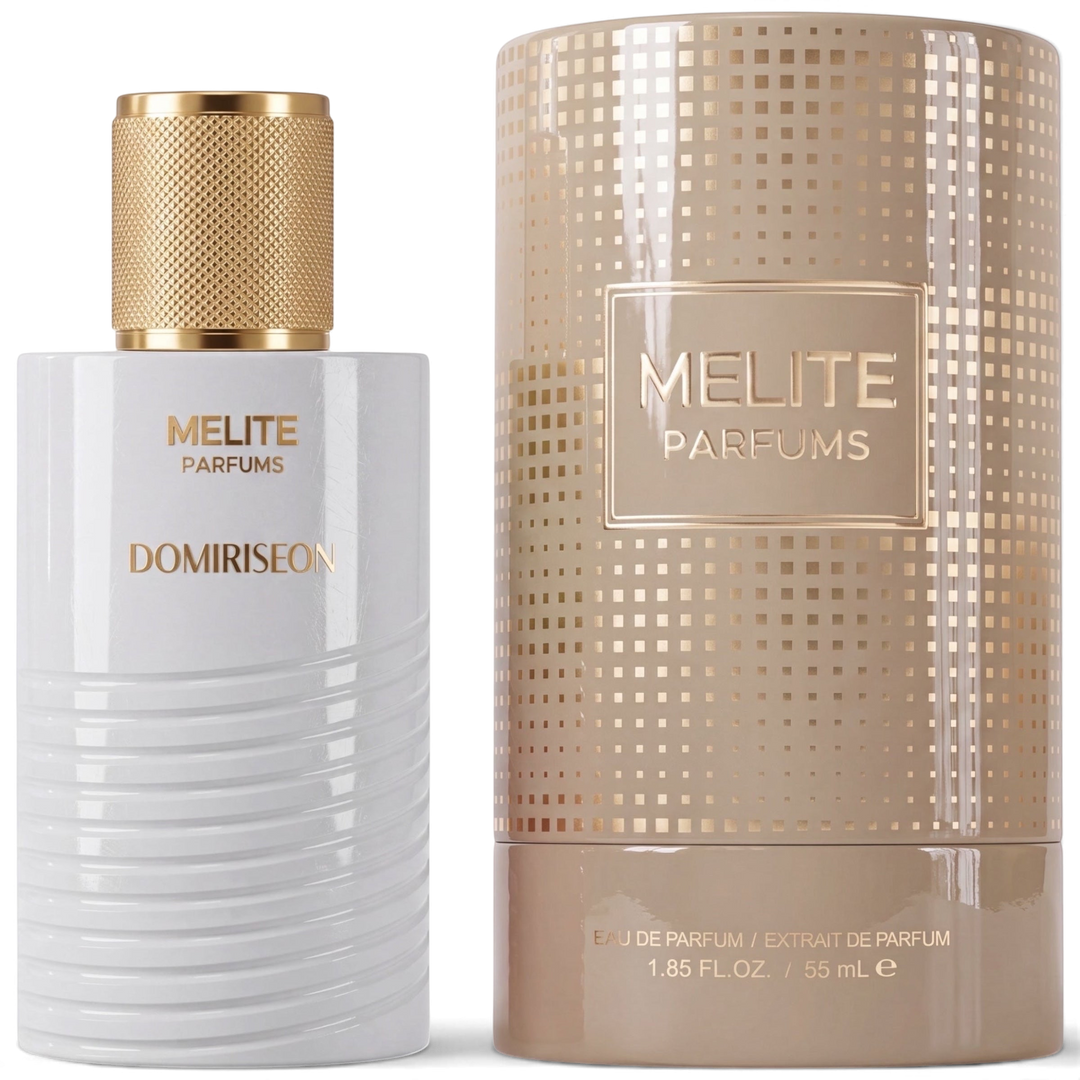 MELITE PARFUMS Domiriseon 55ml men's eau de parfum bottle with white ribbed glass and gold cap next to its box.