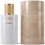 MELITE PARFUMS Domiriseon 55ml men's eau de parfum bottle with white ribbed glass and gold cap next to its box.