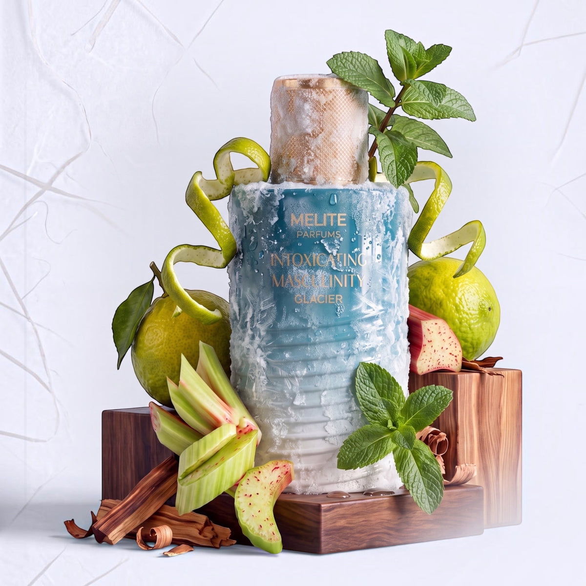 MELITE PARFUMS Intoxicating Masculinity Glacier men's EDP bottle surrounded by fresh mint, bergamot, and rhubarb.