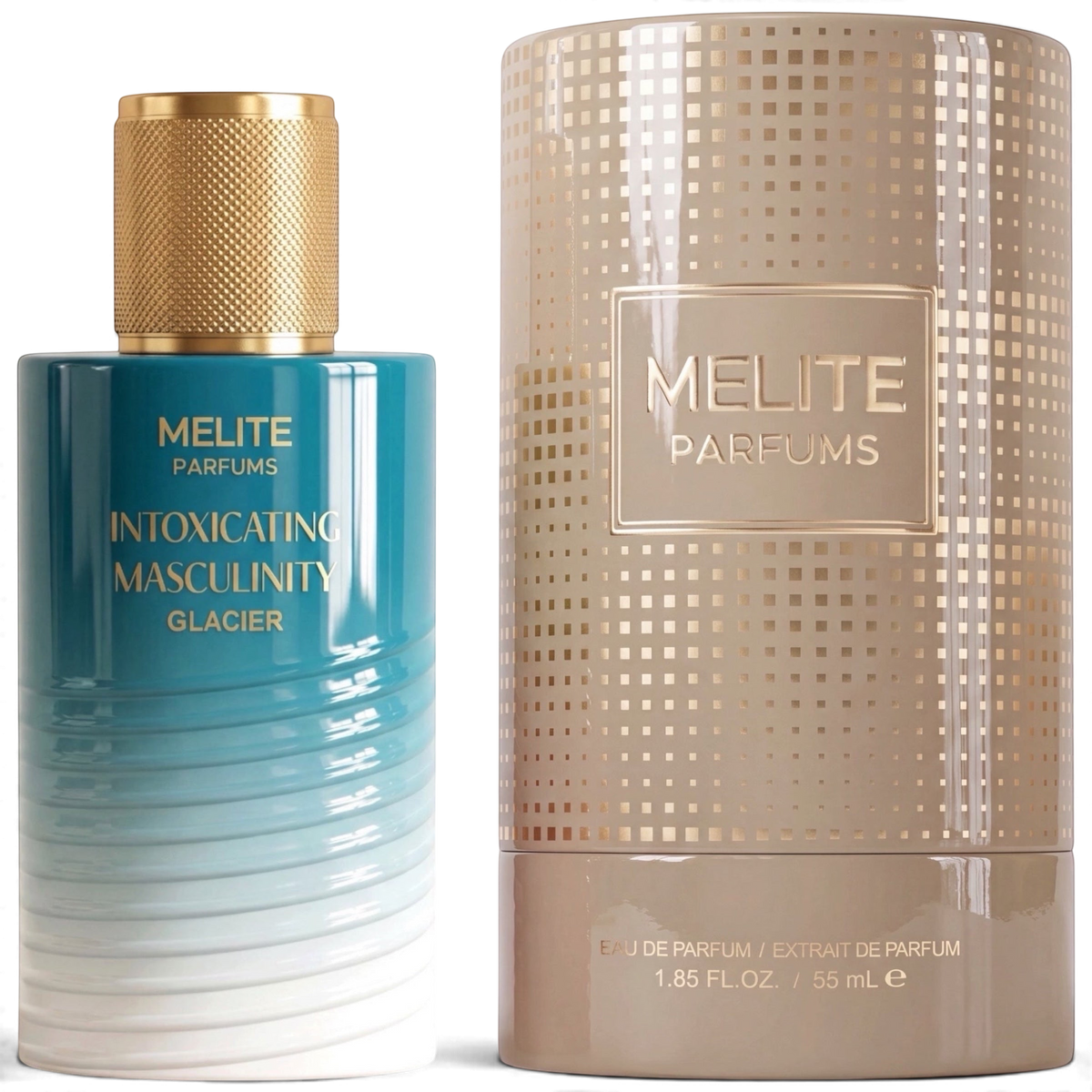 MELITE PARFUMS Intoxicating Masculinity Glacier 55ml men's eau de parfum bottle with its beige cylindrical box.