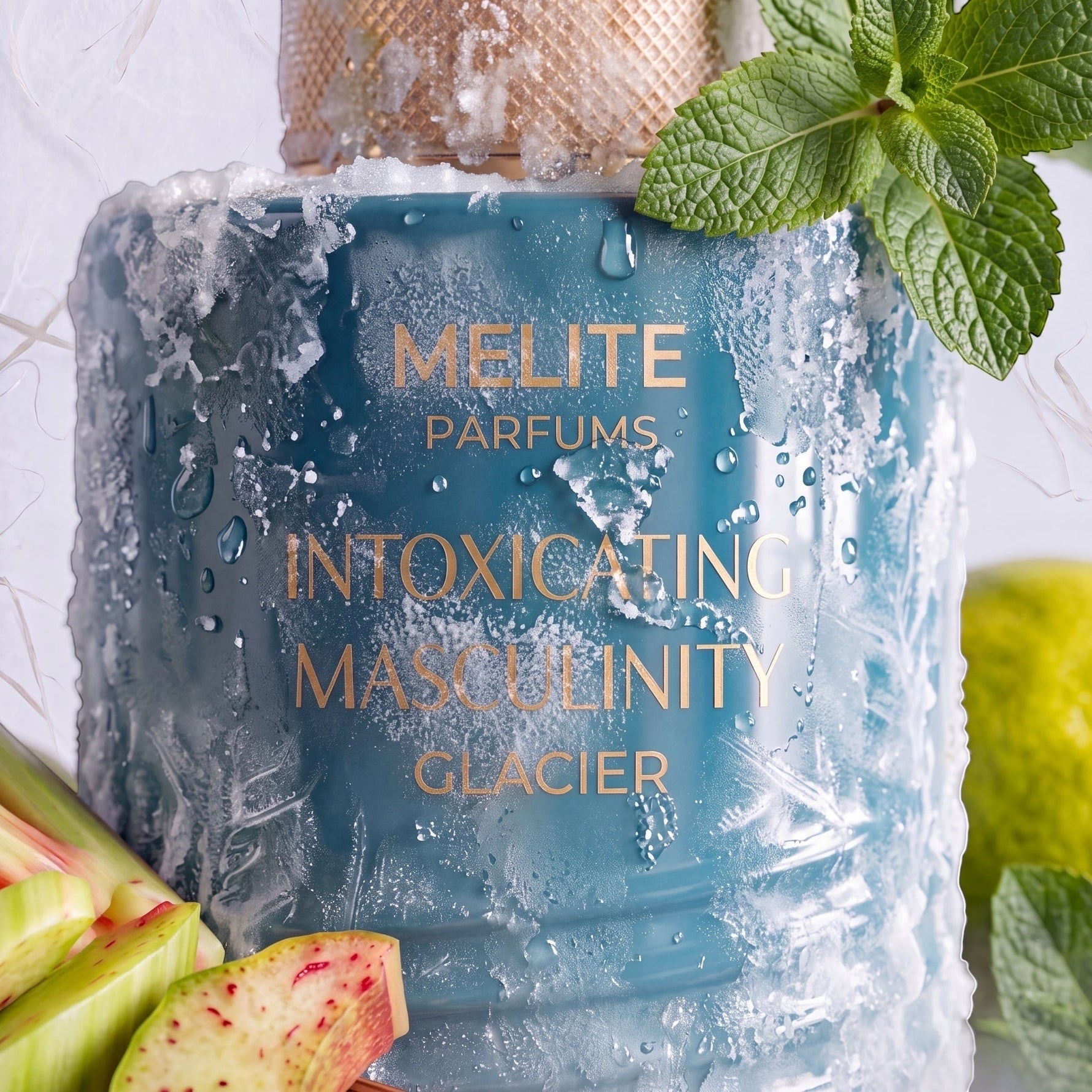 MELITE PARFUMS Intoxicating Masculinity Glacier men's EDP bottle covered in ice with fresh mint and rhubarb accents