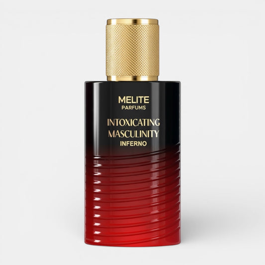 Melite Parfums Intoxicating Masculinity Inferno men's EDP 55ml. Black bottle with red gradient and gold cap.