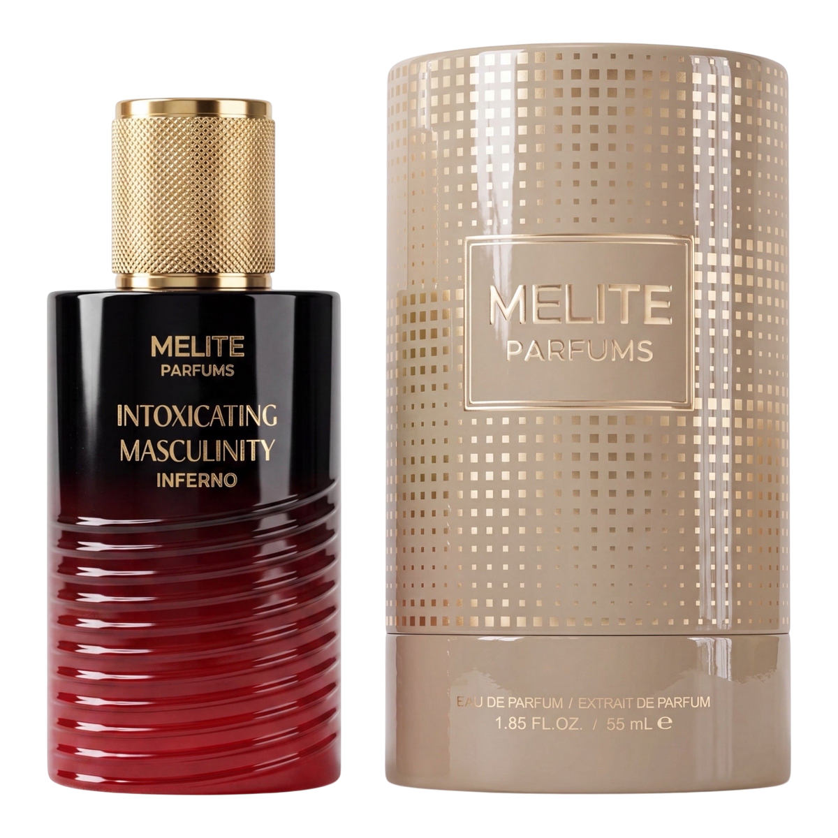MELITE PARFUMS Inferno 55ml men's eau de parfum bottle with a red gradient glass base and gold textured cap.