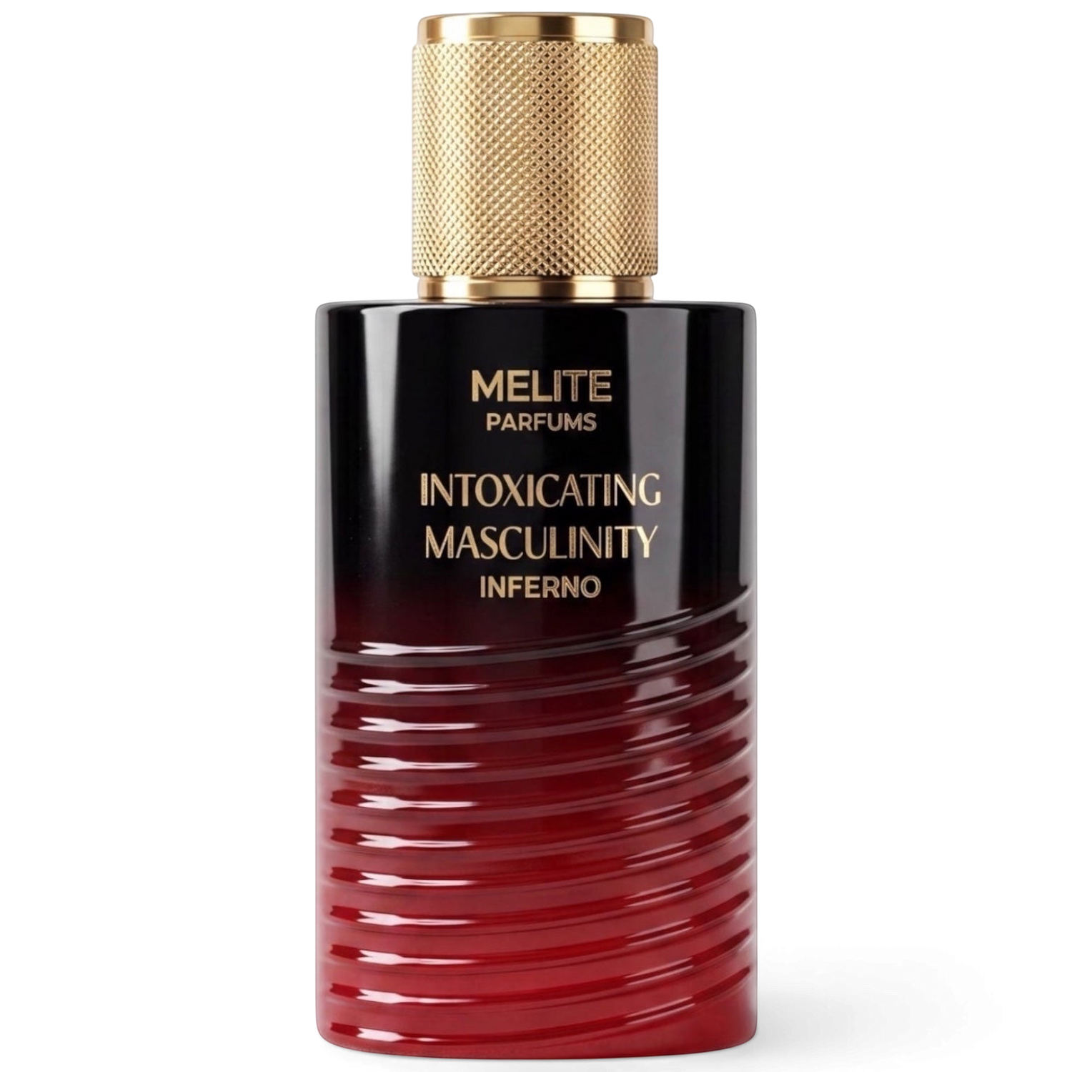 MELITE PARFUMS Inferno men's eau de parfum in a sleek black and red gradient glass bottle with a textured gold cap.