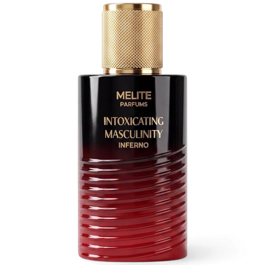 MELITE PARFUMS Inferno men's eau de parfum in a sleek black and red gradient glass bottle with a textured gold cap.