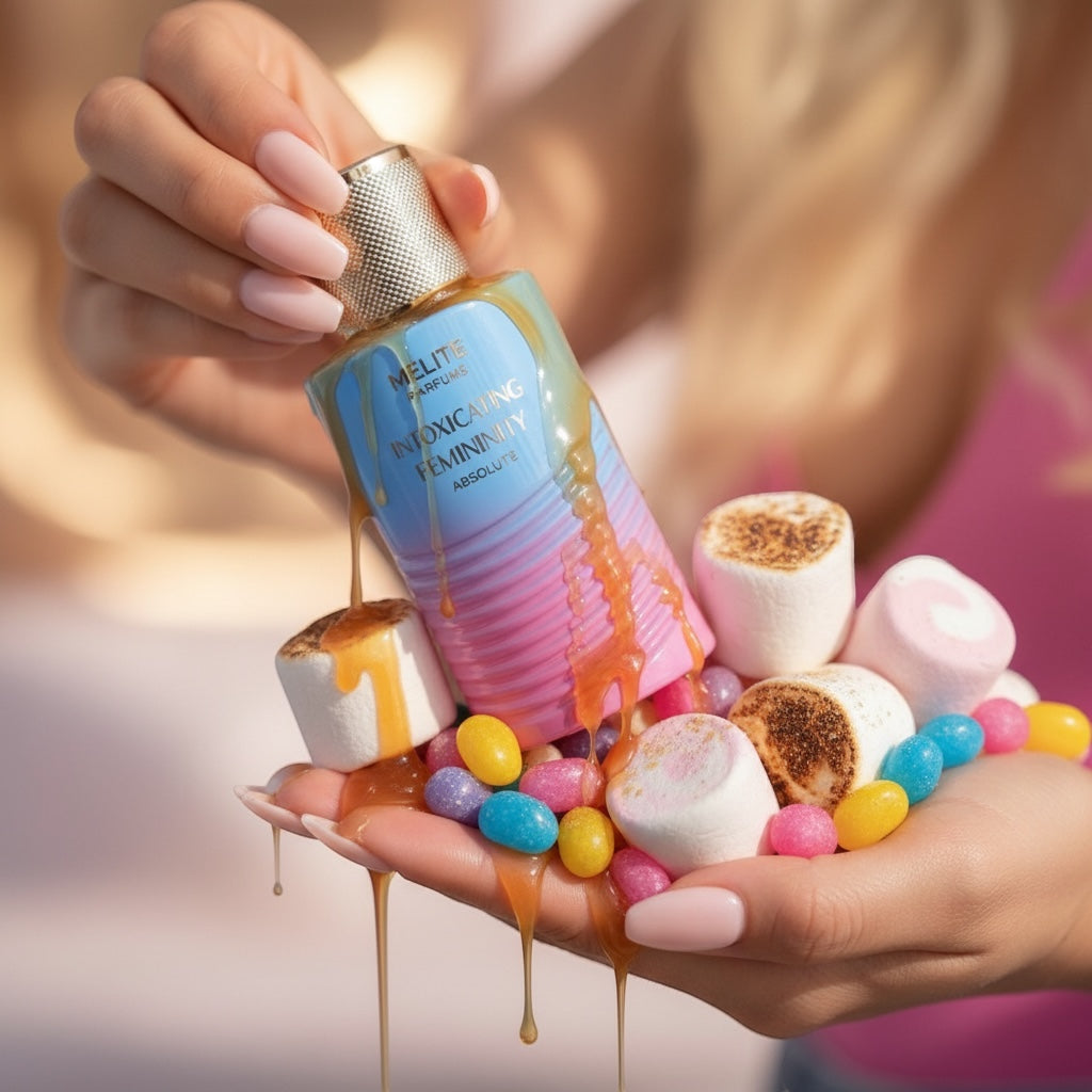 MELITE PARFUMS Intoxicating Femininity Absolute EDP perfume bottle with caramel drizzle, marshmallows, and jelly beans.