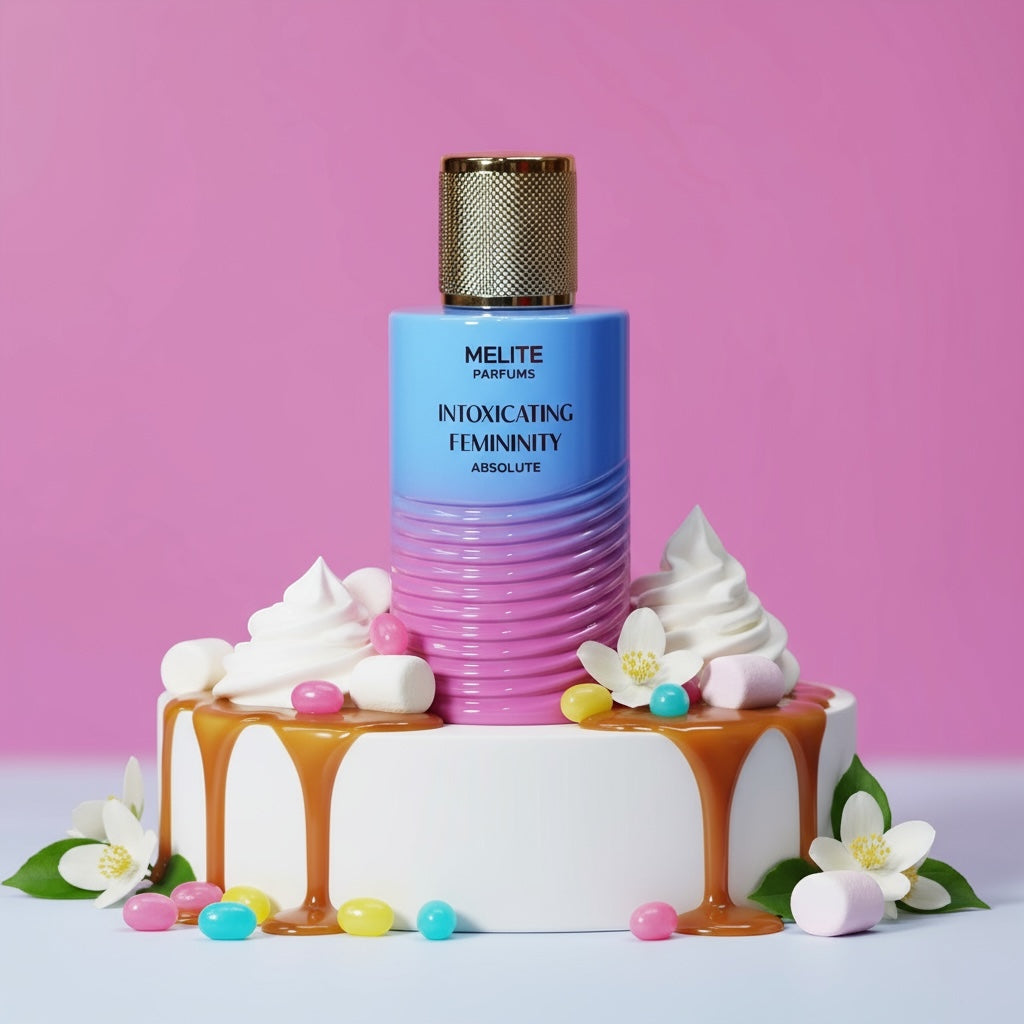 MELITE PARFUMS Intoxicating Femininity Absolute EDP perfume bottle with blue and pink gradient, gold cap, on a white cake stand with caramel, marshmallows, jelly beans, and flowers.