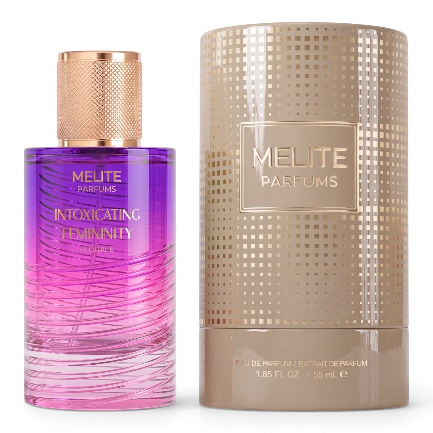 MELITE PARFUMS Intoxicating Femininity Florale 55ml EDP in an ombre purple and pink glass bottle with a gold cap.