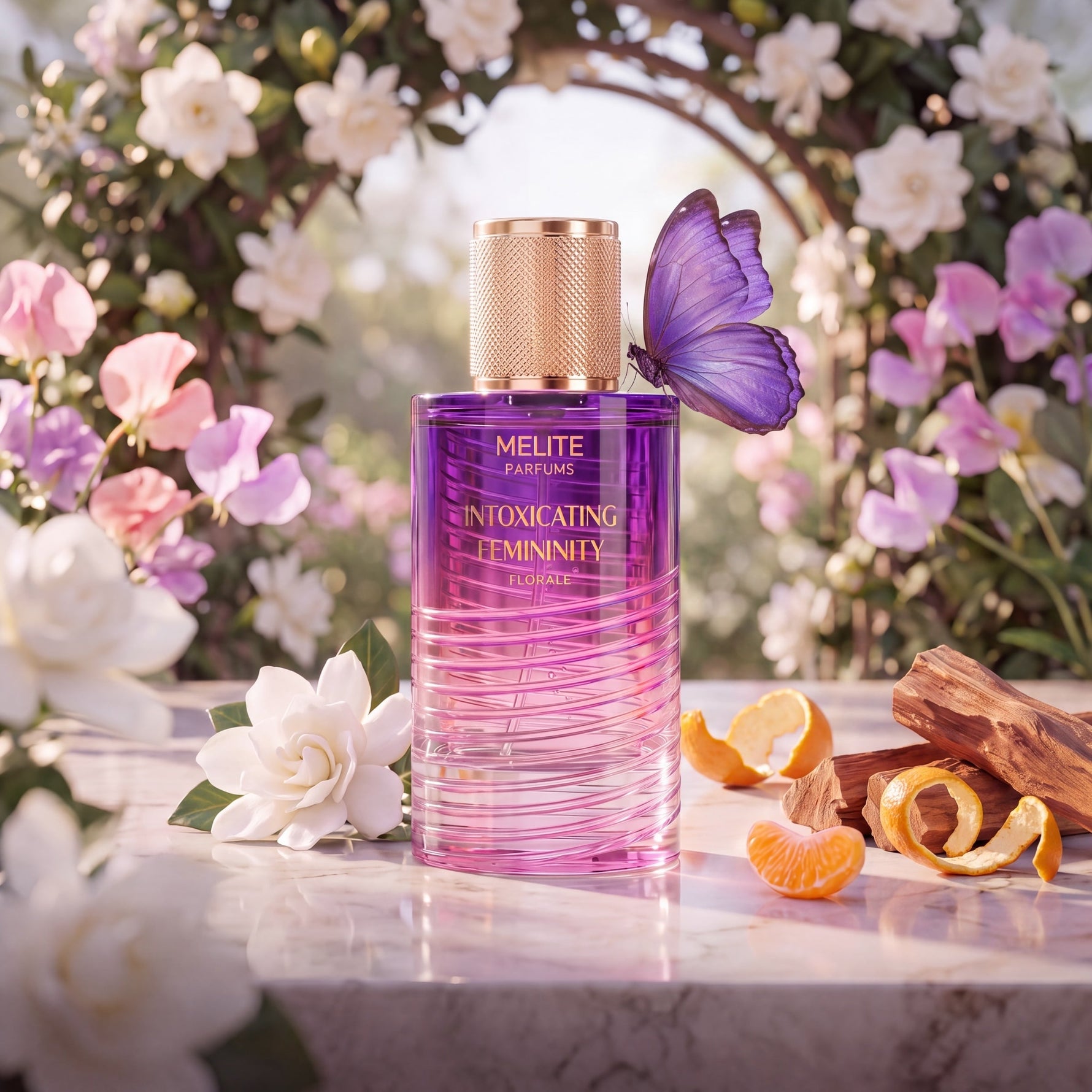 MELITE PARFUMS Intoxicating Femininity Florale 55ml perfume bottle with a purple butterfly in a garden setting