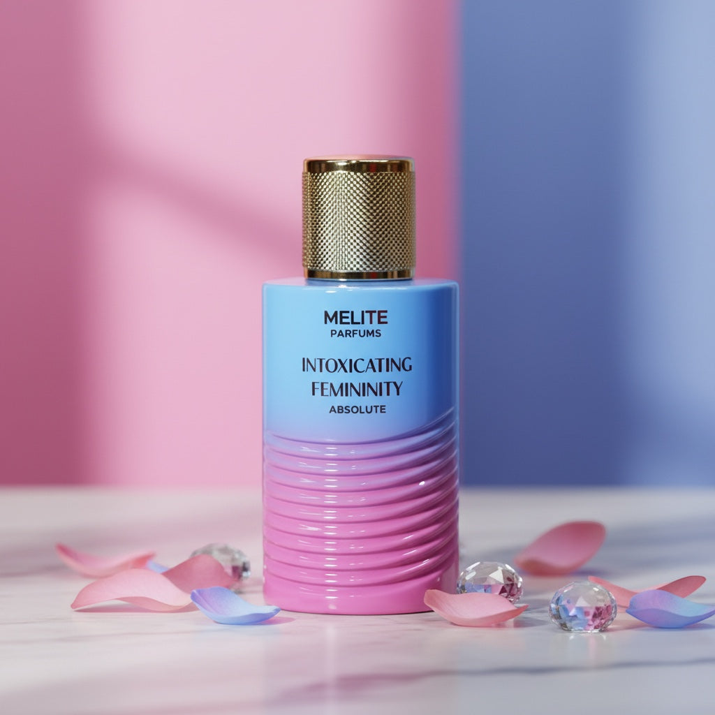 Melite Parfums Intoxicating Femininity Absolute 55ml women's EDP perfume bottle with blue and pink gradient and gold cap, surrounded by petals and crystals.