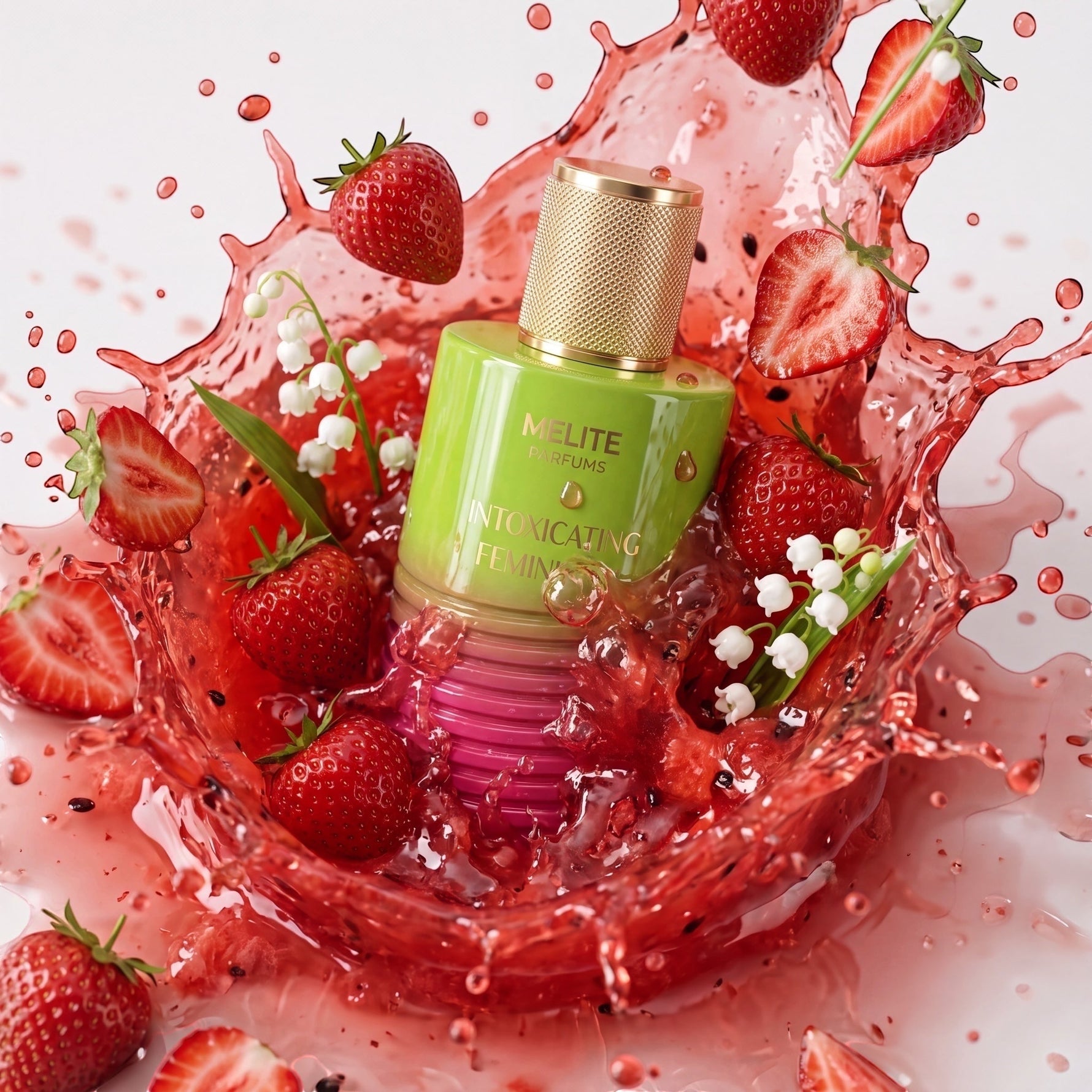 MELITE PARFUMS Intoxicating Femininity EDP bottle surrounded by fresh strawberries and lily of the valley in a splash