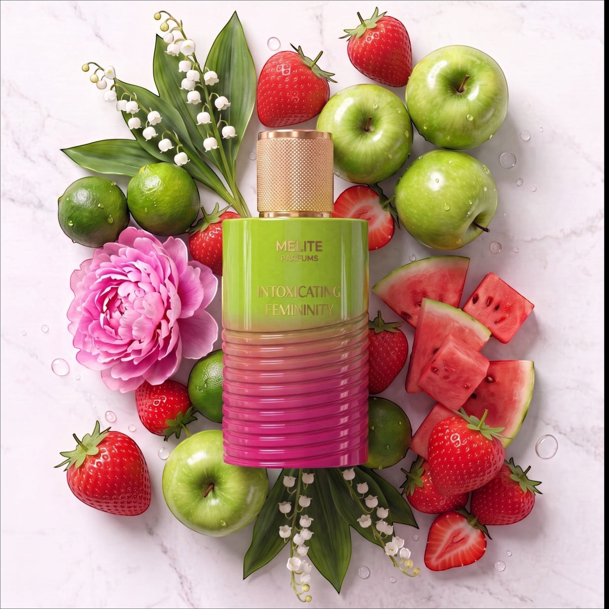 MELITE PARFUMS Intoxicating Femininity EDP bottle surrounded by fresh strawberries, green apples, lime, and flowers.