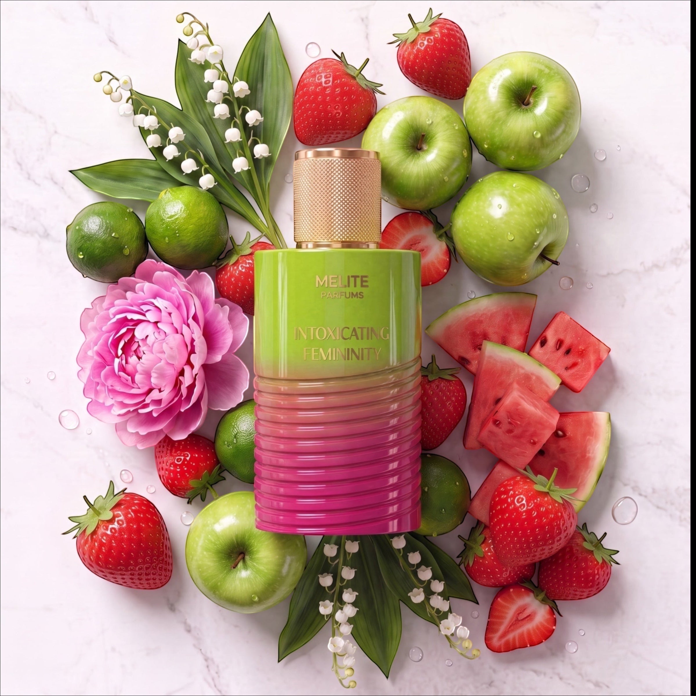 MELITE PARFUMS Intoxicating Femininity EDP bottle surrounded by fresh strawberries, green apples, lime, and flowers.