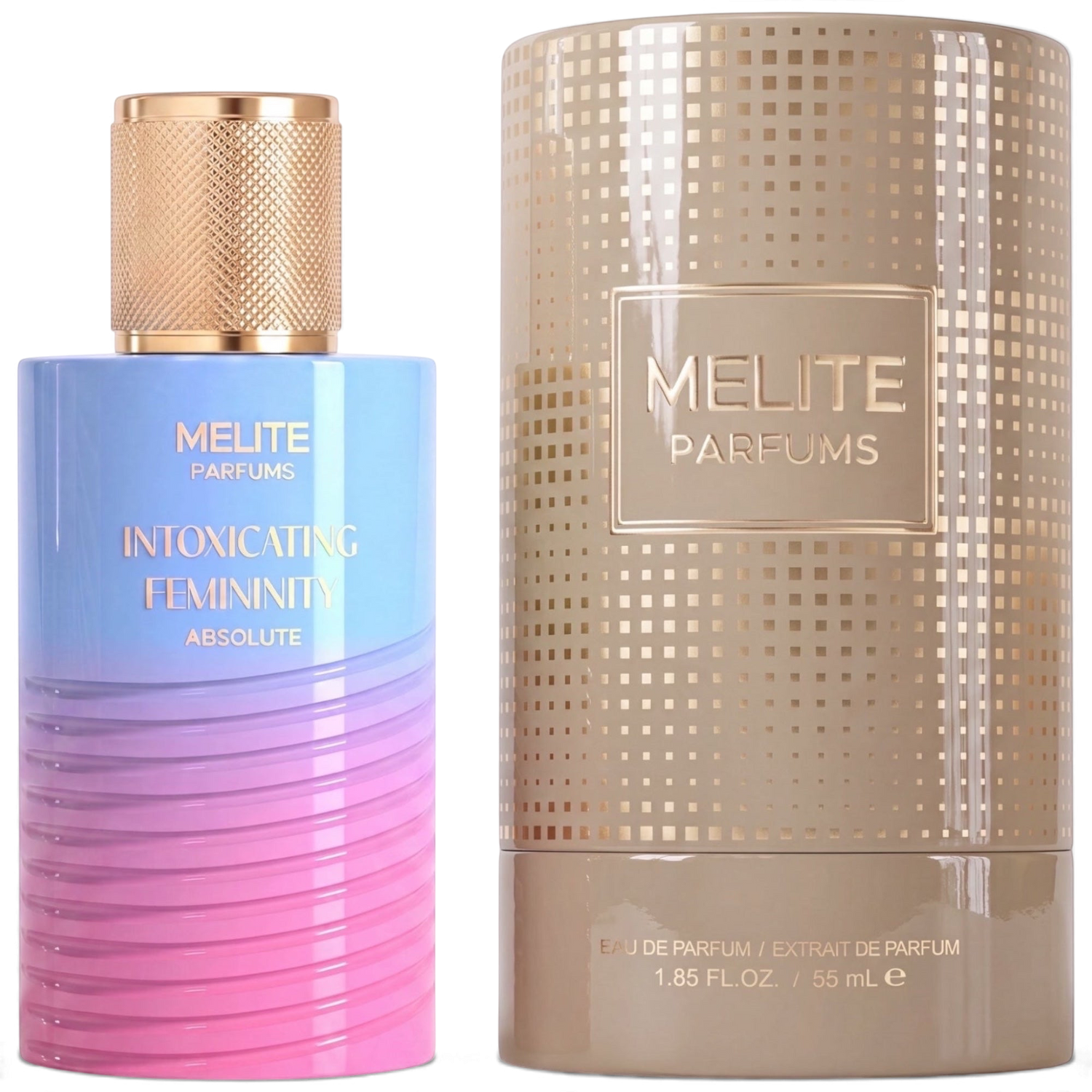 MELITE PARFUMS Intoxicating Femininity Absolute 55ml EDP bottle with blue and pink gradient and matching beige box