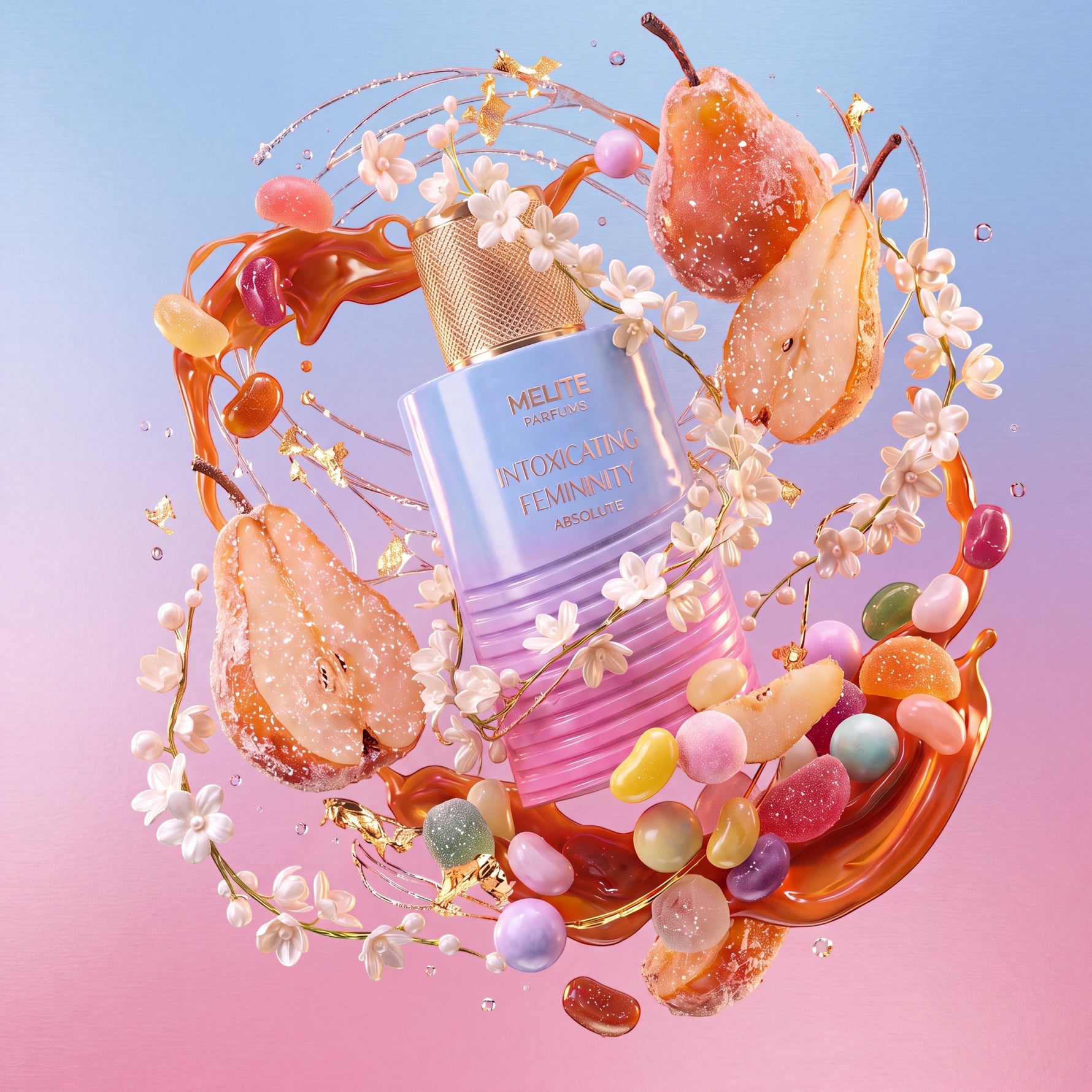 MELITE PARFUMS Intoxicating Femininity Absolute perfume bottle surrounded by floating pears, jellybeans, and flowers.