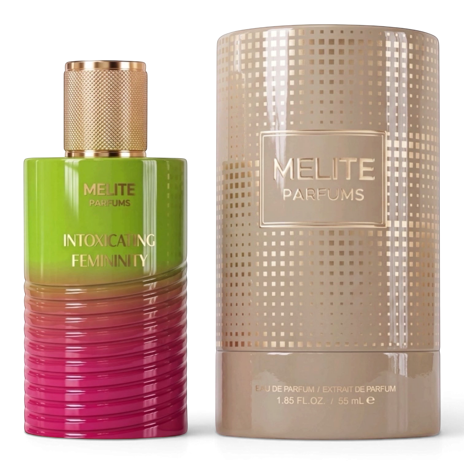 MELITE PARFUMS Intoxicating Femininity 55ml EDP perfume bottle with green and pink gradient glass and gold cap