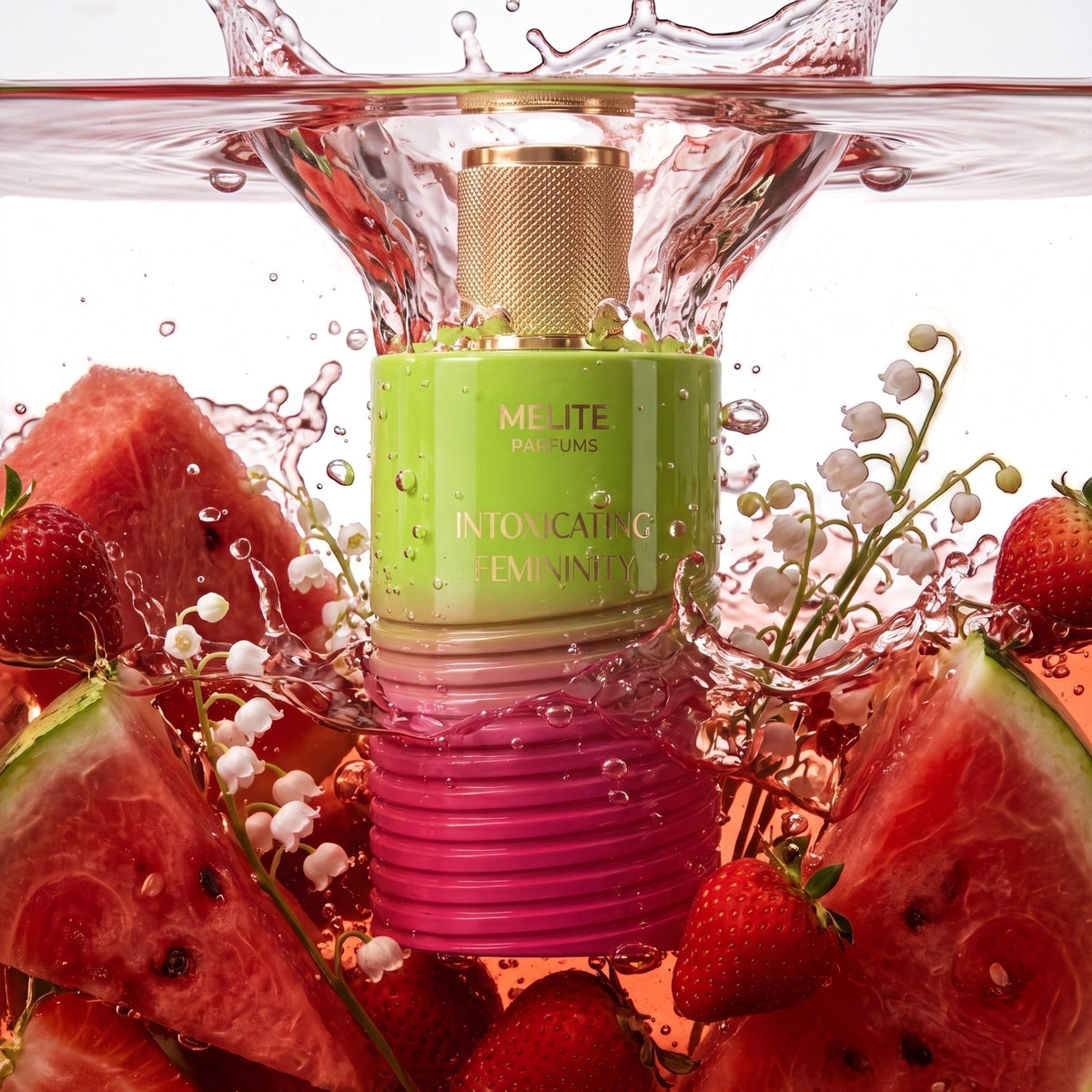 MELITE PARFUMS Intoxicating Femininity EDP bottle in water with watermelon, strawberries, and lily of the valley