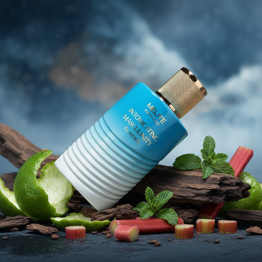 Melite Parfums Intoxicating Masculinity Glacier men's 55ml EDP bottle with mint, rhubarb, lime, and wood elements.