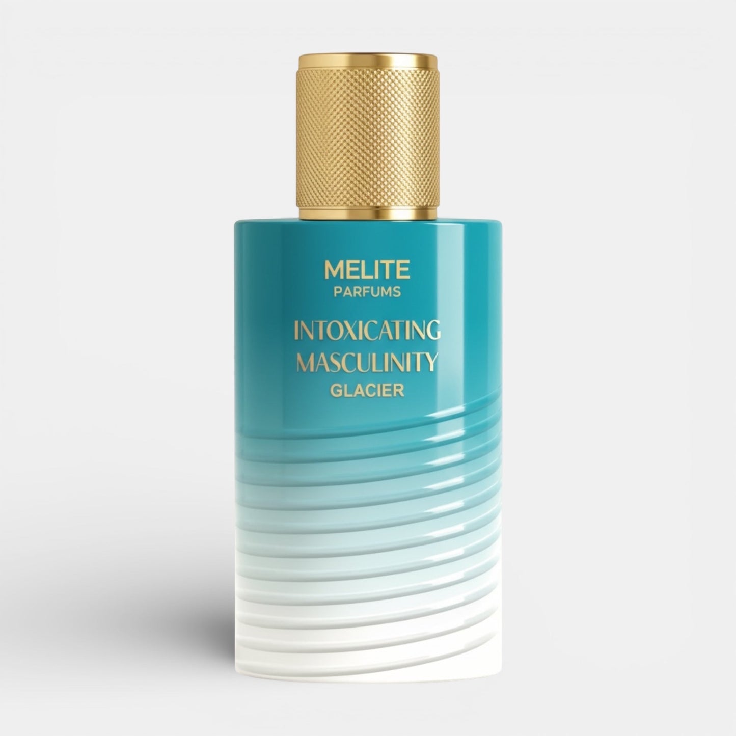 Melite Parfums Intoxicating Masculinity Glacier men's EDP 55ml bottle with gold cap and gradient blue-to-white glass.