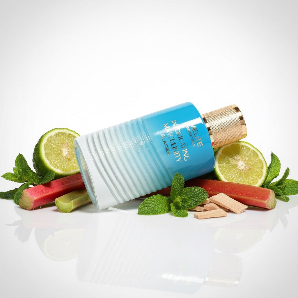 Melite Parfums Intoxicating Masculinity Glacier men's EDP bottle with mint, lime, rhubarb, and wood shavings.