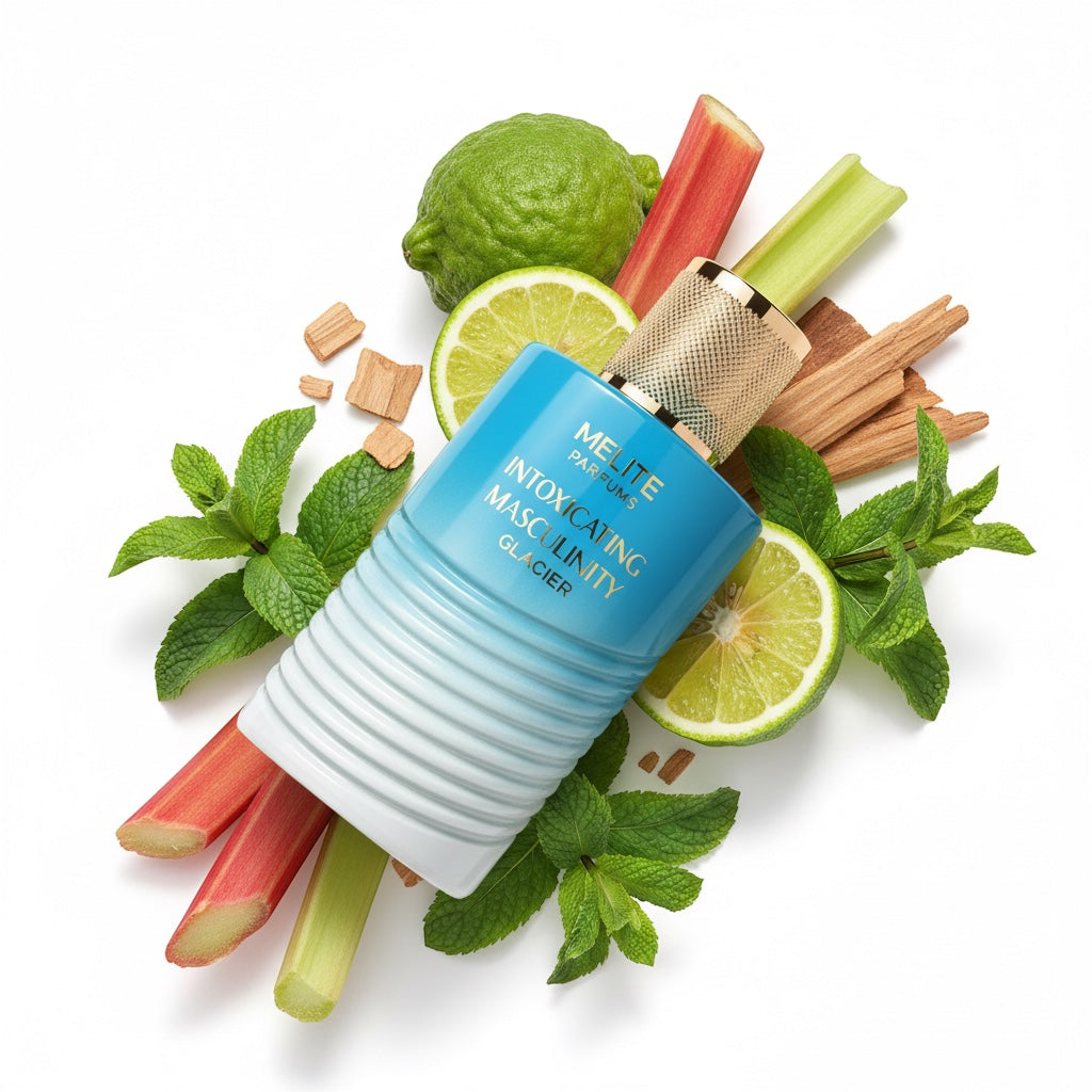 Melite Parfums Intoxicating Masculinity Glacier men's EDP bottle with mint, lime, rhubarb, and wood accents.