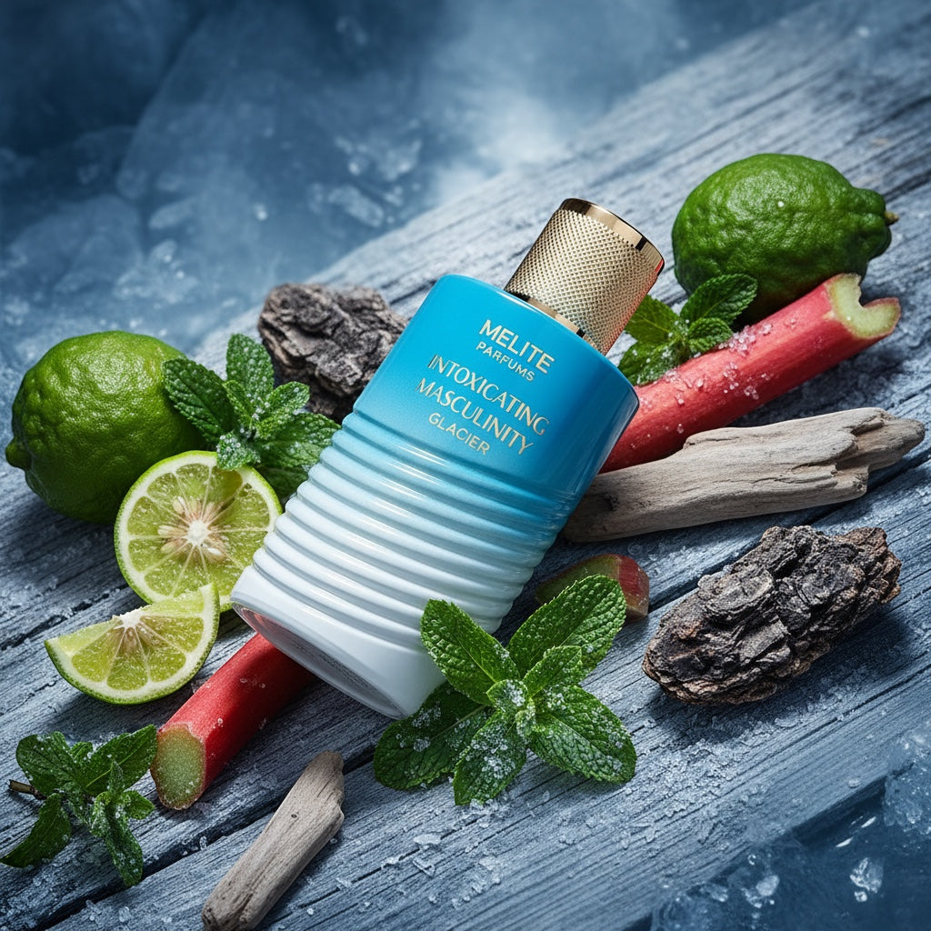 Melite Parfums Intoxicating Masculinity Glacier men's EDP bottle with mint, limes, rhubarb, and wood accents on a blue-grey wooden surface.